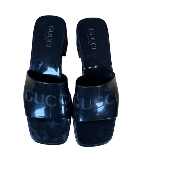 Gucci Rubber Logo Sandals Black PVC Glossy Mule Platform Slide Size 37 - Picture 2 of 10